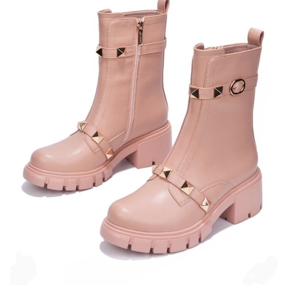 Women's Nude Pyramid Stud Ankle Combat Boot